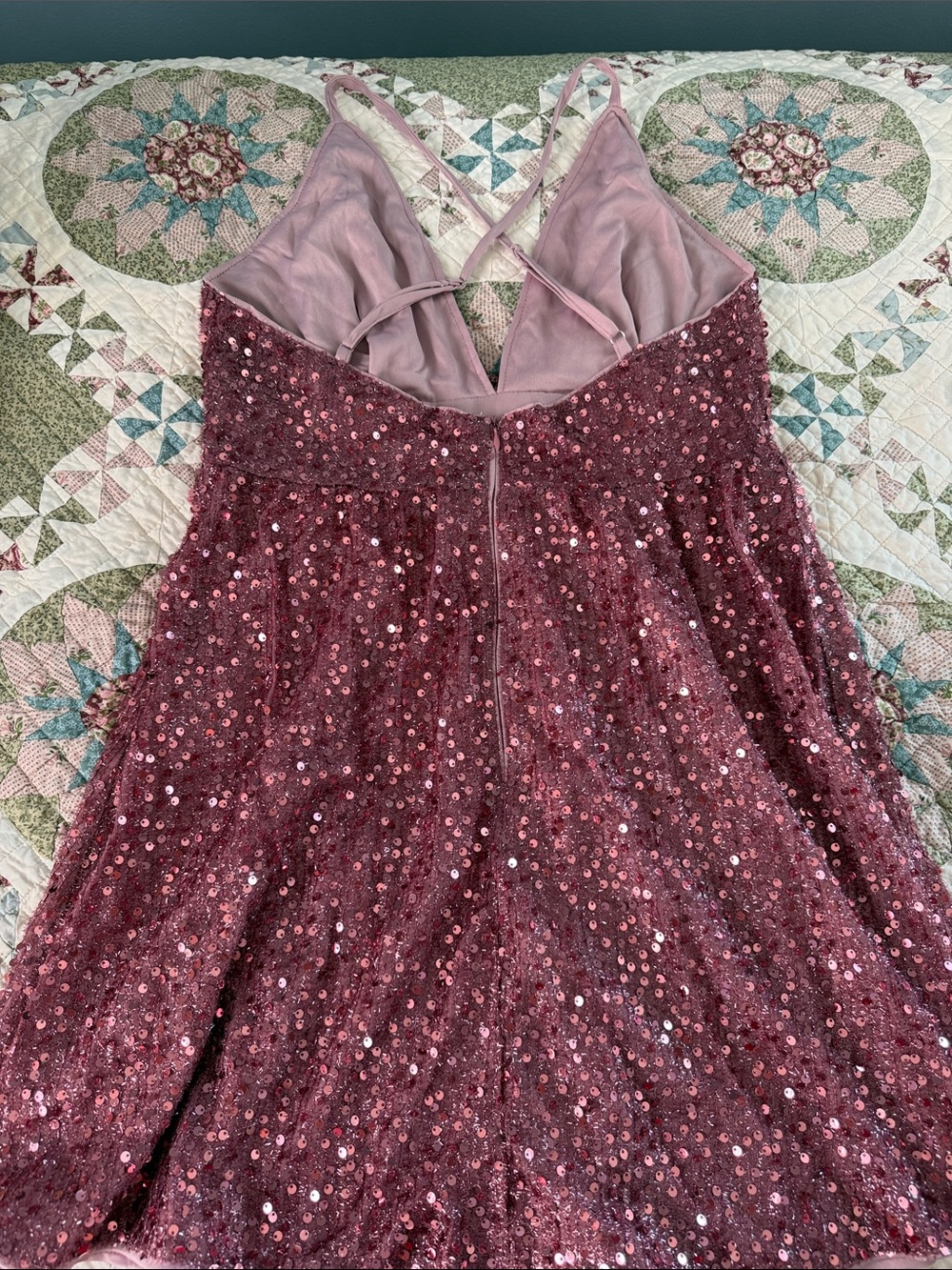 Sequined V-Neck Spaghetti Strap Dress in Dusty Rose - Picture 2 of 4